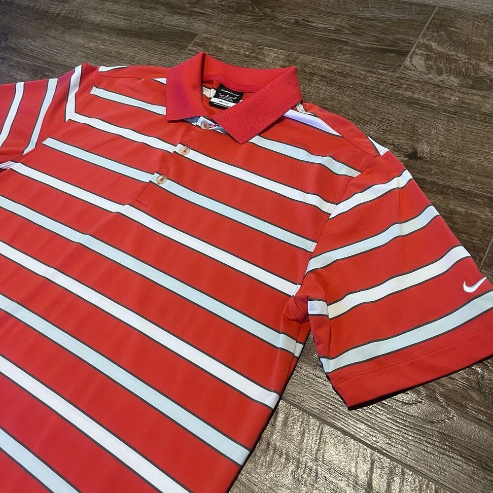 Nike Golf Polo Shirt Mens Medium Red Striped Dri-Fit Performance Short Sleeve